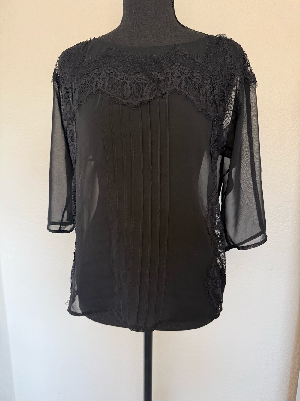 LC Lauren Conrad Black Lace-Trim Pintuck Blouse